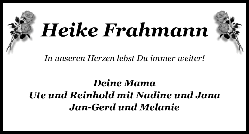  Traueranzeige für Heike Frahmann vom 28.07.2016 aus Nordwest-Zeitung