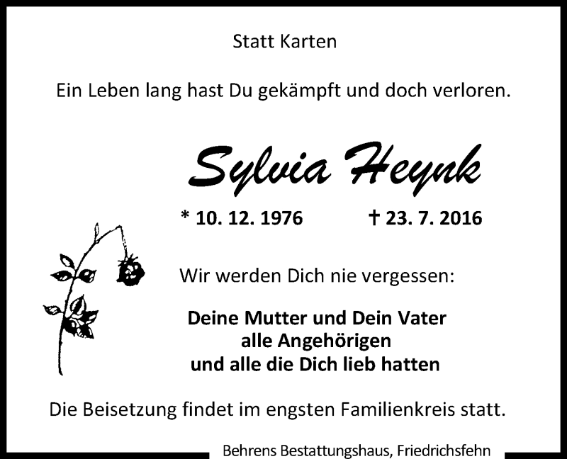  Traueranzeige für Sylvia Heynk vom 26.07.2016 aus Nordwest-Zeitung