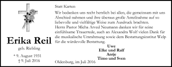 Traueranzeige von Erika Reil von Nordwest-Zeitung