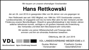 Traueranzeige von Hans Rettkowski von Nordwest-Zeitung