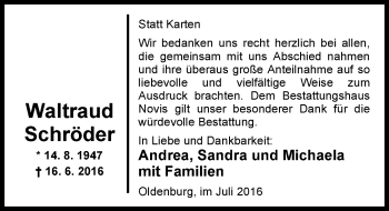 Traueranzeige von Waltraud Schröder von Nordwest-Zeitung