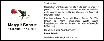 Traueranzeige von Margrit Scholz von Nordwest-Zeitung