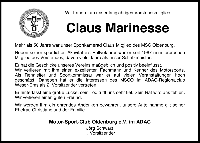  Traueranzeige für Claus Marinesse vom 19.07.2016 aus Nordwest-Zeitung