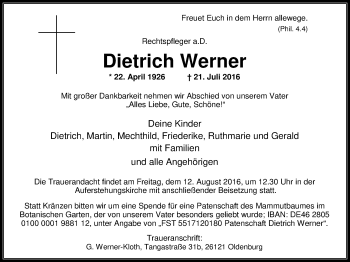 Traueranzeige von Dietrich Werner von Nordwest-Zeitung