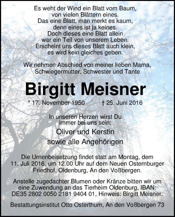Traueranzeige von Birgitt Meisner von Nordwest-Zeitung
