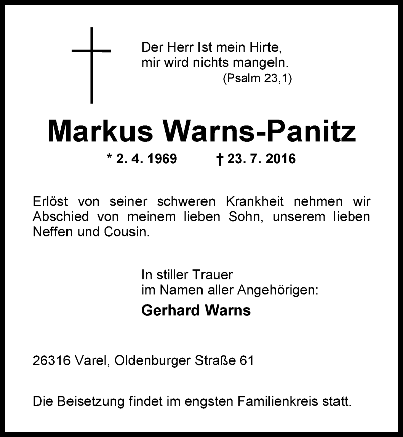  Traueranzeige für Markus Warns-Panitz vom 30.07.2016 aus Nordwest-Zeitung