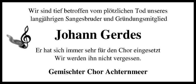  Traueranzeige für Johann Gerdes vom 14.07.2016 aus Nordwest-Zeitung