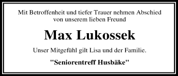 Traueranzeige von Max Lukossek von Nordwest-Zeitung