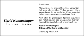 Traueranzeige von Sigrid Hunneshagen von Nordwest-Zeitung