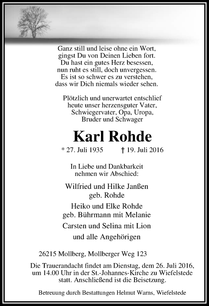  Traueranzeige für Karl Rohde vom 21.07.2016 aus Nordwest-Zeitung