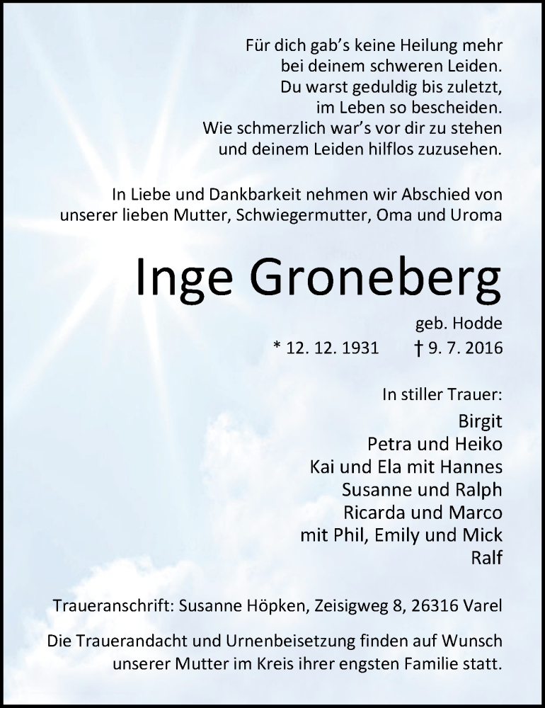  Traueranzeige für Inge Groneberg vom 13.07.2016 aus Nordwest-Zeitung