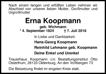 Traueranzeige von Erna Koppmann von Nordwest-Zeitung