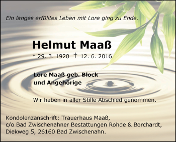 Traueranzeige von Helmut Maaß von Nordwest-Zeitung