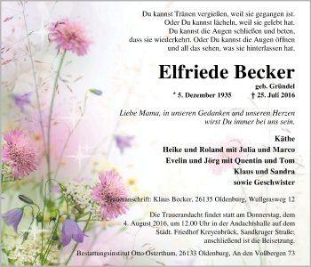 Traueranzeige von Elfriede Becker von Nordwest-Zeitung