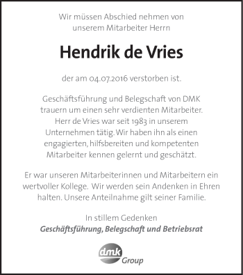 Traueranzeige von Hendrik de Vries von Nordwest-Zeitung