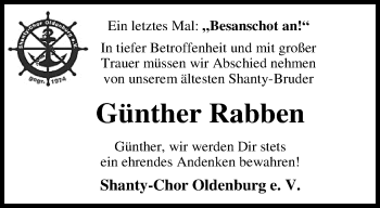 Traueranzeige von Günther Rabben von Nordwest-Zeitung