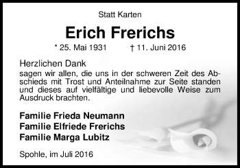 Traueranzeige von Erich Frerichs von Nordwest-Zeitung