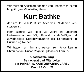 Traueranzeige von Kurt Bathke von Nordwest-Zeitung