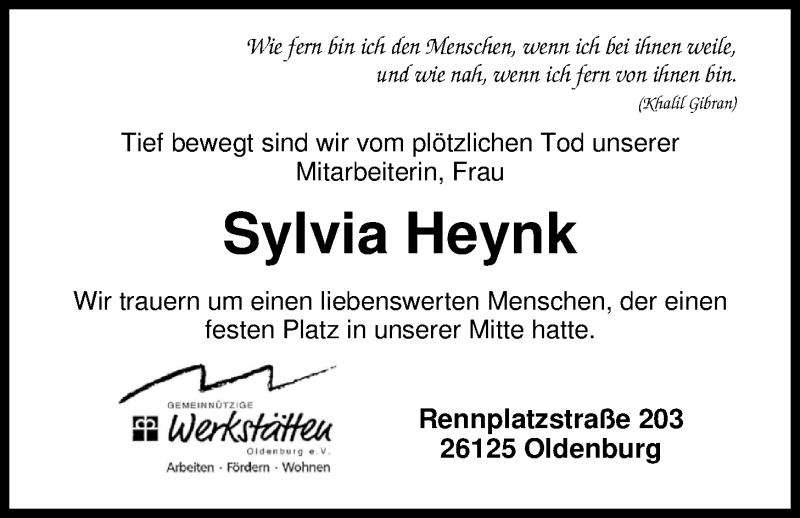  Traueranzeige für Sylvia Heynk vom 27.07.2016 aus Nordwest-Zeitung