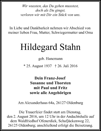 Traueranzeige von Hildegard Stahn von Nordwest-Zeitung