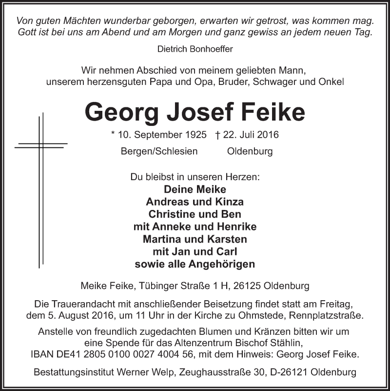  Traueranzeige für Georg Josef Feike vom 30.07.2016 aus Nordwest-Zeitung
