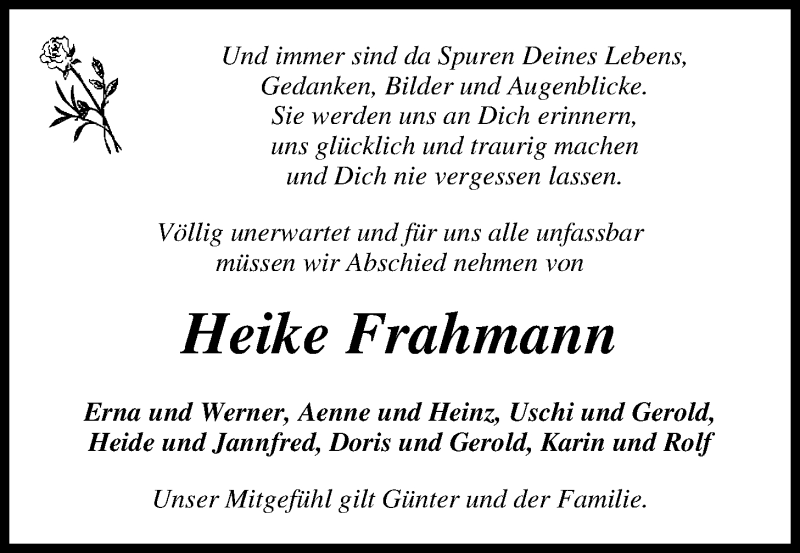  Traueranzeige für Heike Frahmann vom 29.07.2016 aus Nordwest-Zeitung