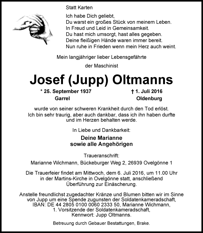  Traueranzeige für Josef Oltmanns vom 04.07.2016 aus Nordwest-Zeitung