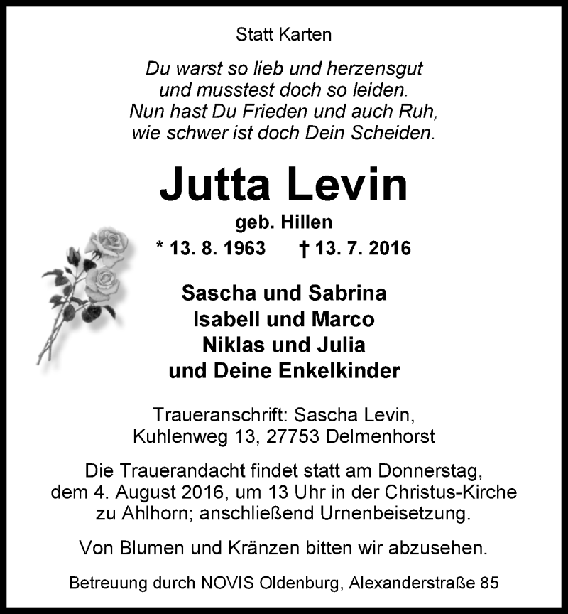  Traueranzeige für Jutta Levin vom 30.07.2016 aus Nordwest-Zeitung