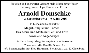 Traueranzeige von Arnold Domschke von Nordwest-Zeitung