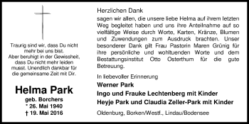 Traueranzeige von Helma Park von Nordwest-Zeitung