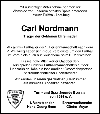 Traueranzeige von Carl Nordmann von Nordwest-Zeitung