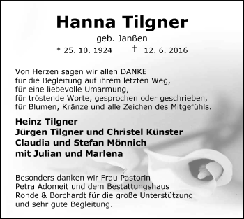 Traueranzeige von Hanna Tilgner von Nordwest-Zeitung