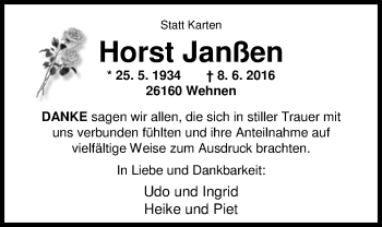 Traueranzeige von Horst Janßen von Nordwest-Zeitung