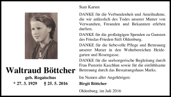 Traueranzeige von Waltraud Böttcher von Nordwest-Zeitung