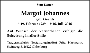 Traueranzeige von Margot Johannes von Nordwest-Zeitung