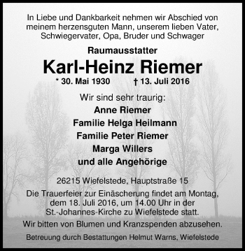 Traueranzeige von Karl-Heinz Riemer von Nordwest-Zeitung