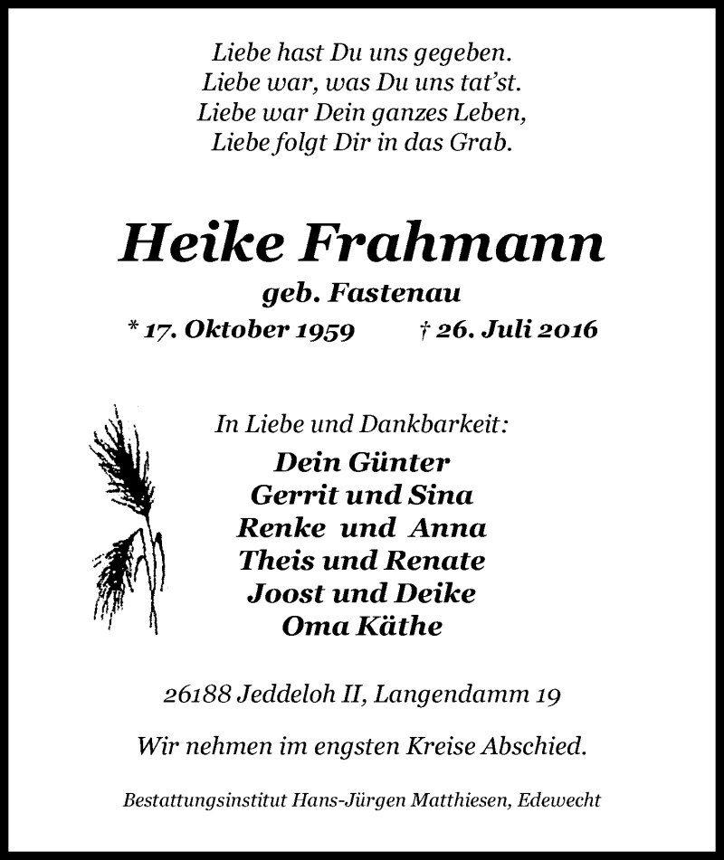  Traueranzeige für Heike Frahmann vom 28.07.2016 aus Nordwest-Zeitung