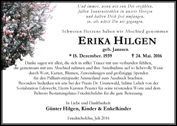 Traueranzeige von Erika Hilgen von Nordwest-Zeitung
