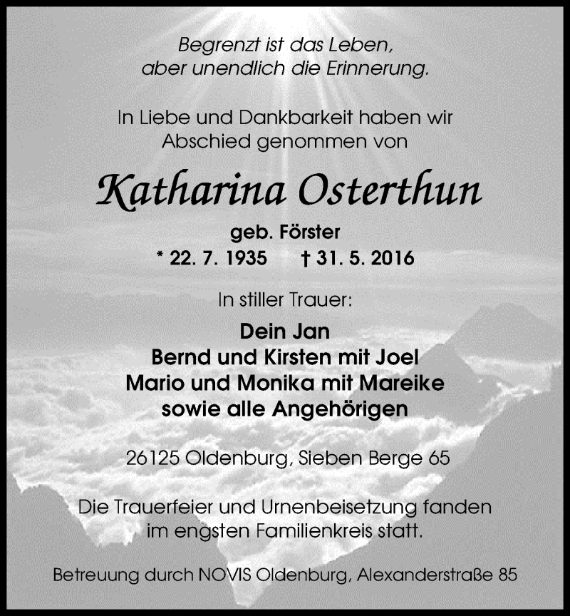  Traueranzeige für Katharina Osterthun vom 01.07.2016 aus Nordwest-Zeitung