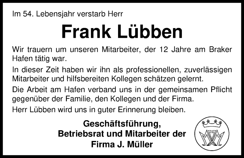  Traueranzeige für Frank Lübben vom 28.07.2016 aus Nordwest-Zeitung