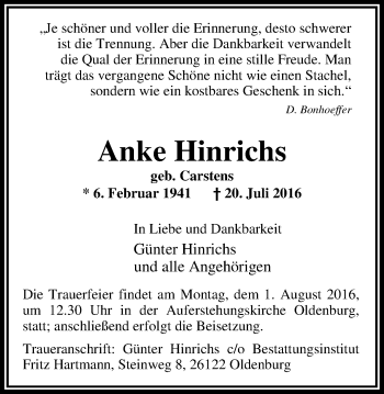 Traueranzeige von Anke Hinrichs von Nordwest-Zeitung