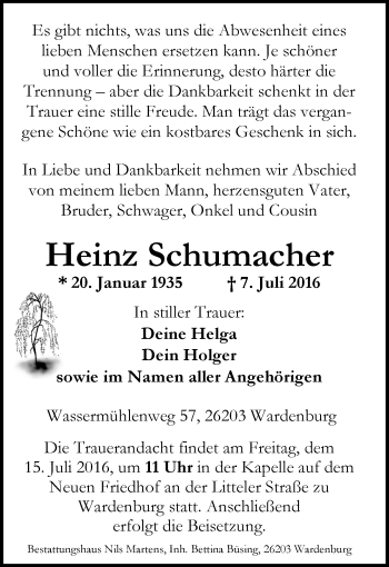 Traueranzeige von Heinz Schumacher von Nordwest-Zeitung