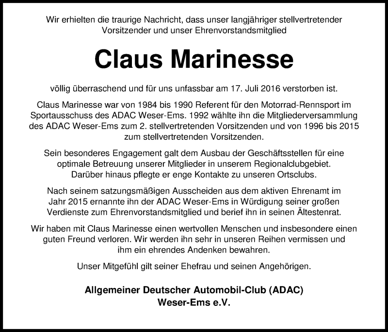  Traueranzeige für Claus Marinesse vom 19.07.2016 aus Nordwest-Zeitung