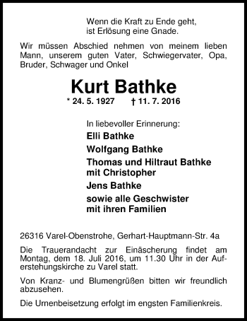 Traueranzeige von Kurt Bathke von Nordwest-Zeitung