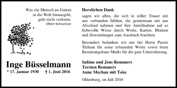 Traueranzeige von Inge Büsselmann von Nordwest-Zeitung