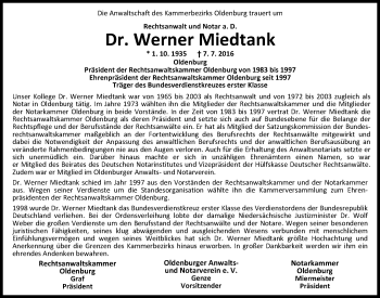 Traueranzeige von Werner Miedtank von Nordwest-Zeitung