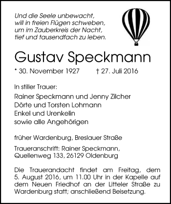 Traueranzeige von Gustav Speckmann von Nordwest-Zeitung