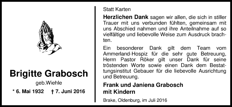  Traueranzeige für Brigitte Grabosch vom 02.07.2016 aus Nordwest-Zeitung