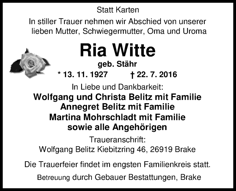  Traueranzeige für Ria Witte vom 26.07.2016 aus Nordwest-Zeitung