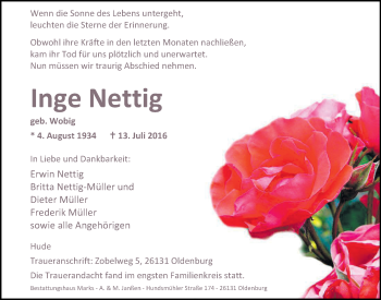 Traueranzeige von Inge Nettig von Nordwest-Zeitung
